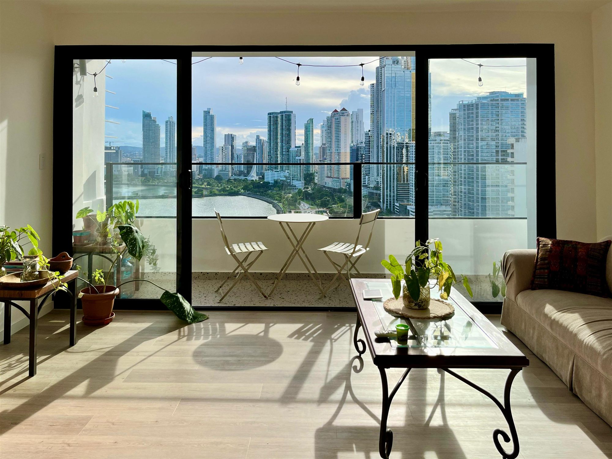 Renovated living room in Posada del Rey, Punta Paitilla, with skyline view